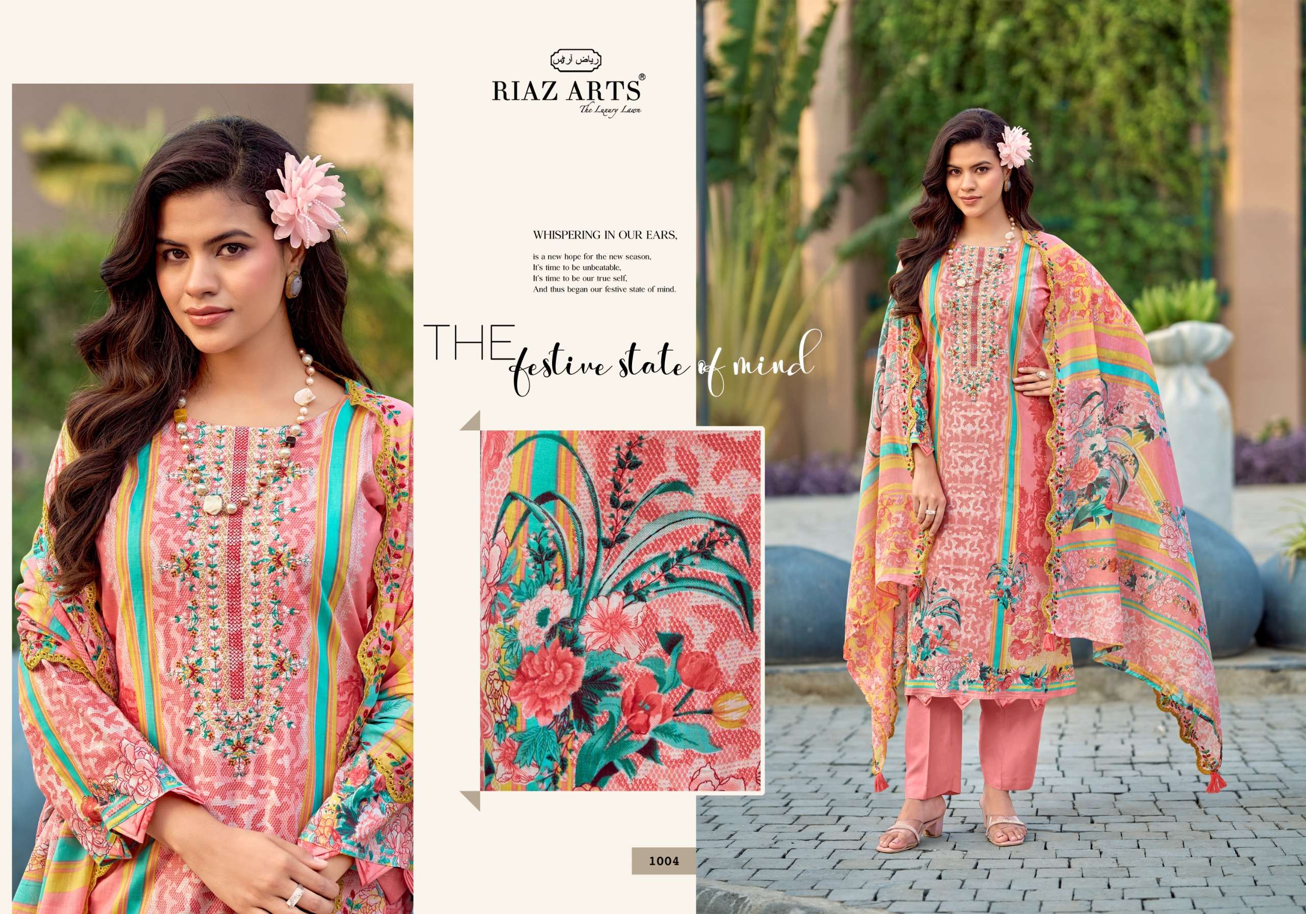 RIAZ ARTS HUMDUM TOP & DUP WORK LAWN COTTON DESIGNER PAKISTANI STYLE SUIT TEXTILE MARKET 